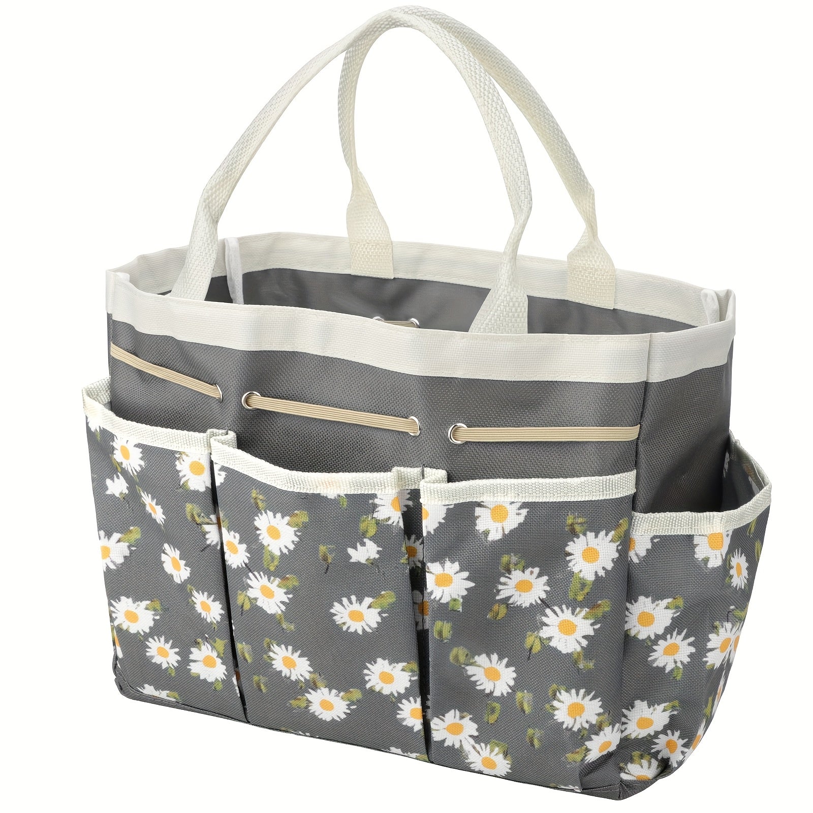 Garden Tool Bag Heavy Duty Multi-Pocket Organizer ¨C Large Capacity Tool Storage Carrier Tote for Gardening, Lawn Care, Camping & Outdoor Work, Portable Daisy Pattern, Black & Gray (No Tools Included)