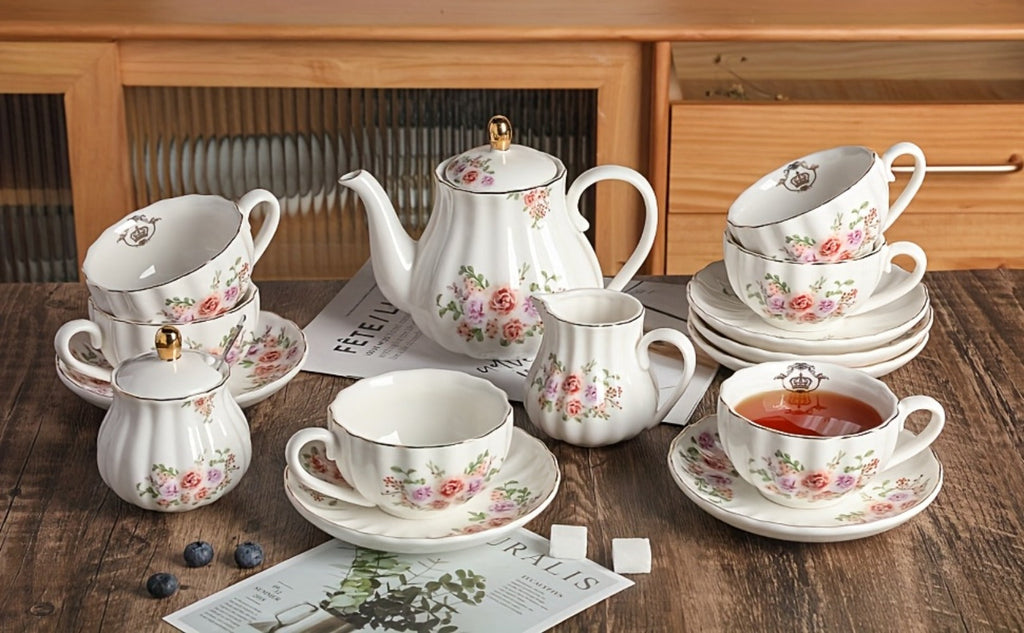 Porcelain Tea Set for 6 - 22 Piece British Royal Floral Service with Teapot, Cups & Saucers, Sugar Bowl, Cream Pitcher & Tea Strainer