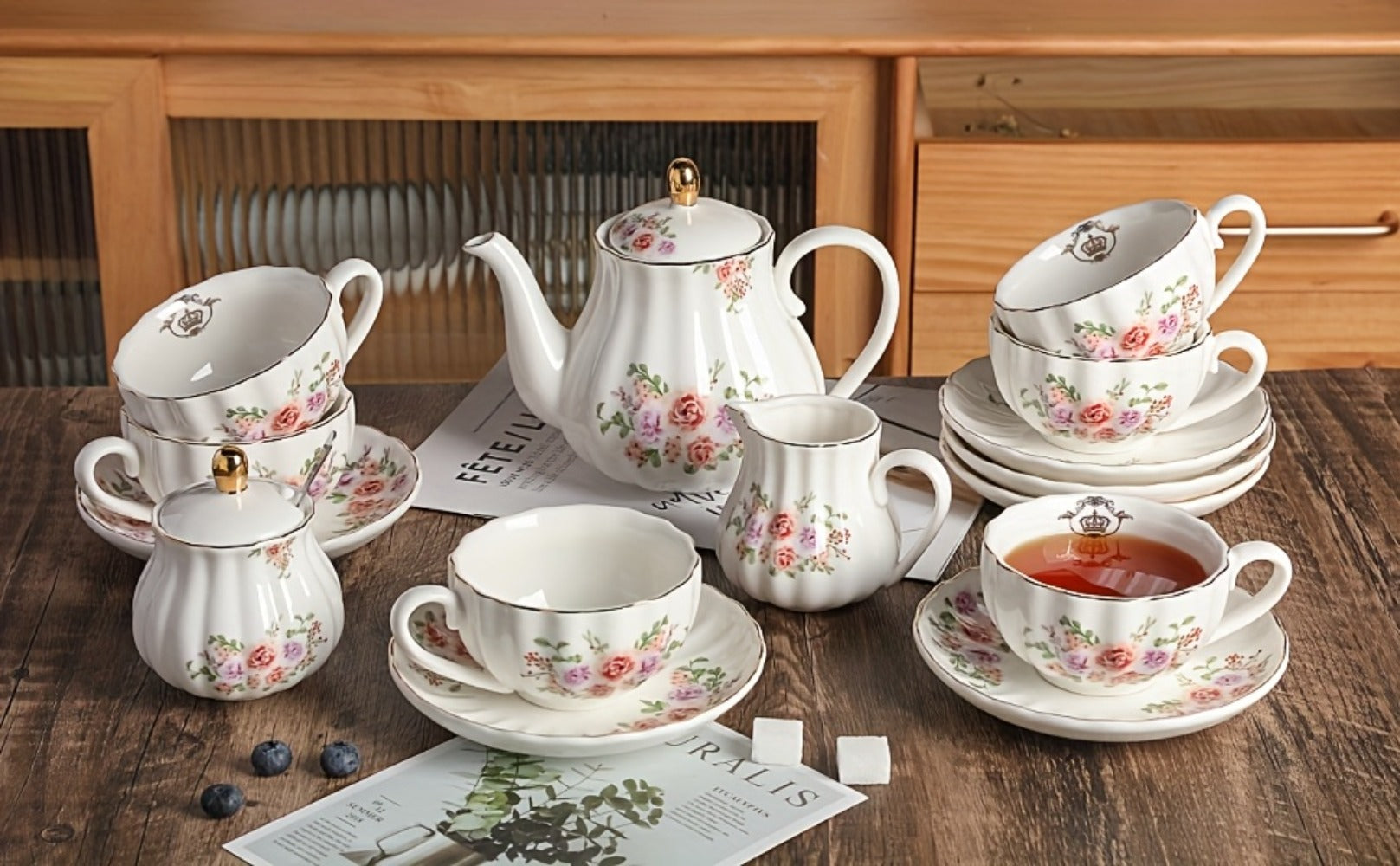 Porcelain Tea Set for 6 - 22 Piece British Royal Floral Service with Teapot, Cups & Saucers, Sugar Bowl, Cream Pitcher & Tea Strainer