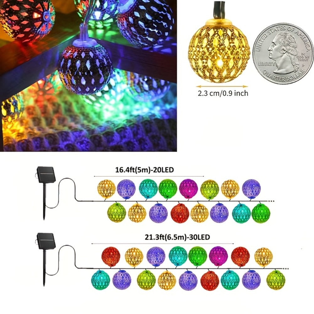 Moroccan Solar String Lights Outdoor - Metal Sphere Fairy Lights with 20/30/50 LED Beads, 8 Modes, IPX65 Waterproof | Boho Garden Lights for Patio, Lawn, Wedding, Christmas Tree & Party Decoration