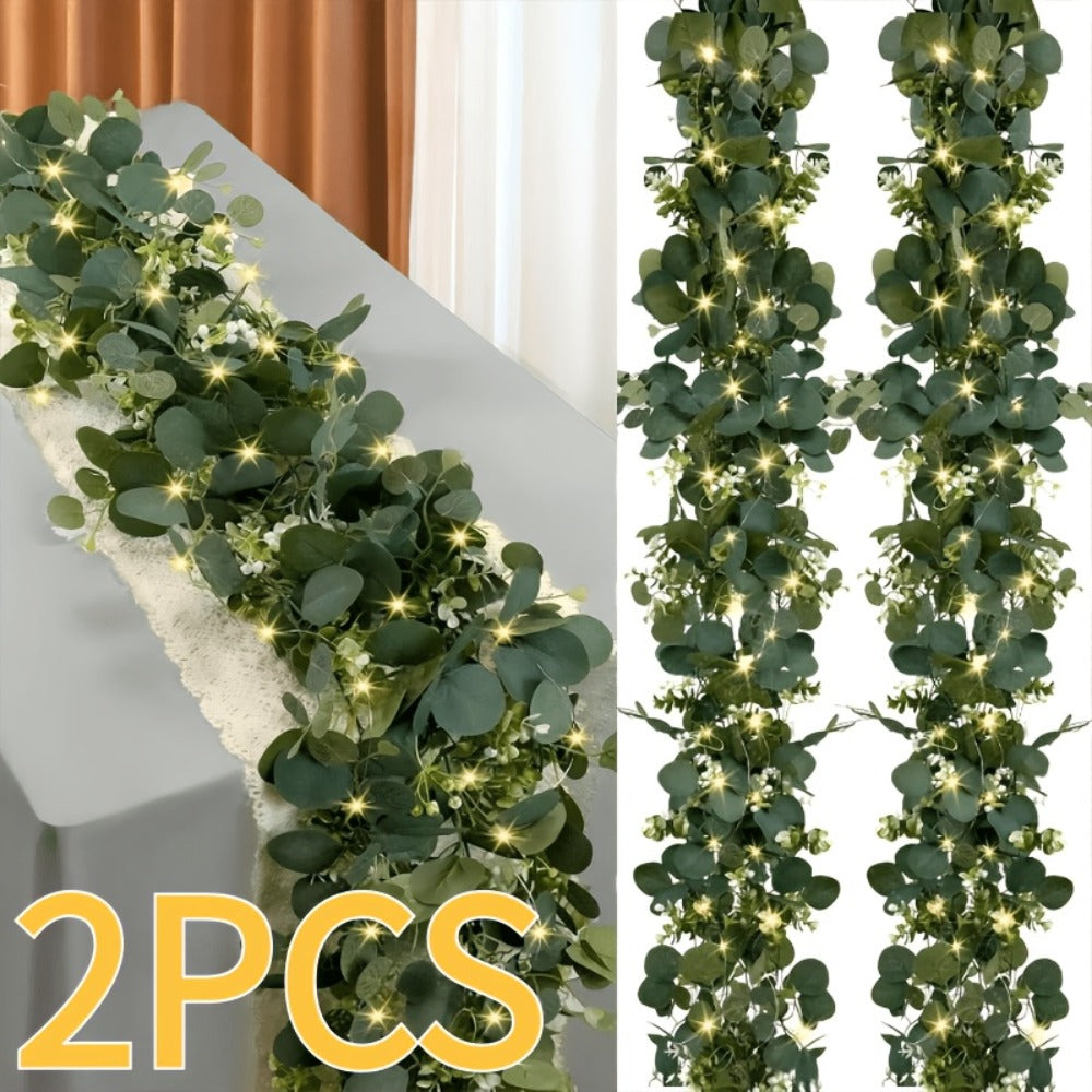 Lighted Eucalyptus Wreath Garland 6FT LED 2 Pack - Artificial Green Vine with Warm Lights for Wedding Centerpiece, Table Runner, Backdrop, Home & Seasonal Decor