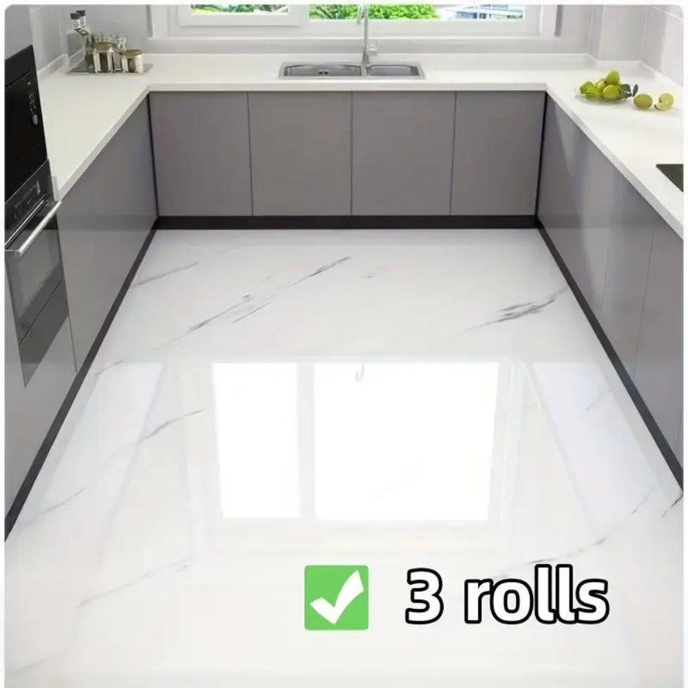 Self-Adhesive Marble Vinyl Floor Wallpaper 3 Rolls 23.62x197.75in - Waterproof Oil-Proof Anti-Slip Wear-Resistant Peel and Stick Floor Tiles for Kitchen Bathroom Living Room Home Renovation Straight Edge