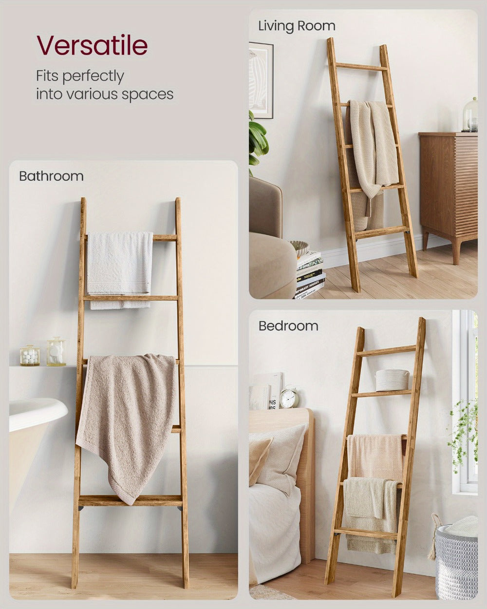 Blanket Ladder Shelf 5-Tier Freestanding Wood Ladder Rack for Blankets Towels Books Decor, Modern Farmhouse Ladder Shelf Wall Leaning Storage Organizer for Living Room Bedroom, 4 Colors