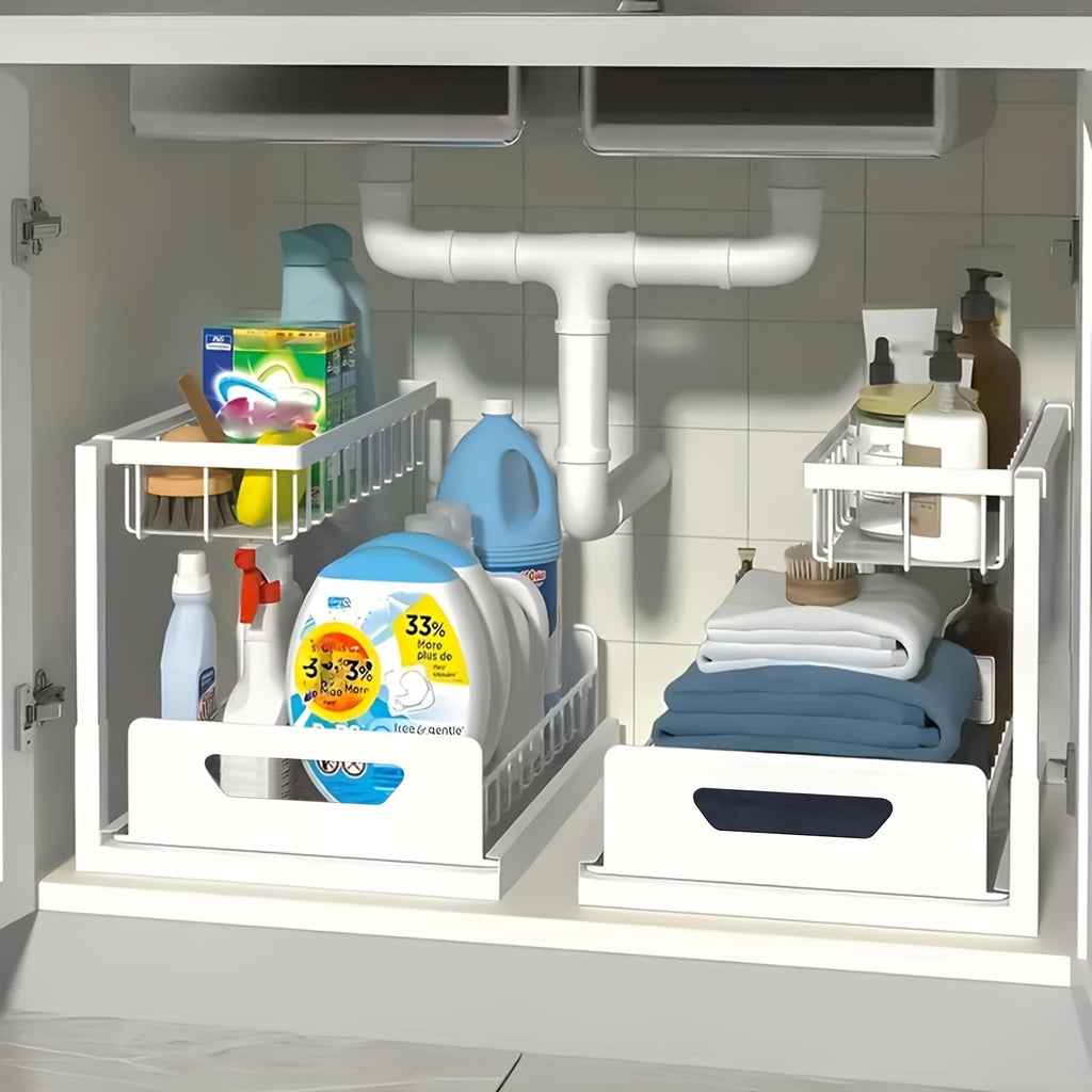 2-Tier Pull-Out Cabinet Organizer Metal Sliding Drawer, Kitchen Sink Storage Container for Bathroom Tabletop Study, Push-Pull Stackable Organizer for Kitchen Bathroom Cabinet