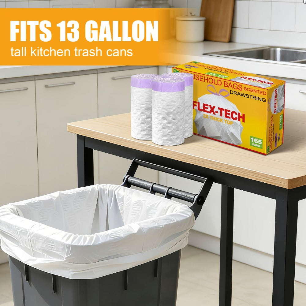13 Gallon Trash Bags Drawstring Expandable Puncture Tear Resistant Leak-Proof Deodorizing Fresh Lemon Scent Super Durable Kitchen Garbage Bags for Kitchen Garden Large Trash Bins White 20 55 110 165 Count