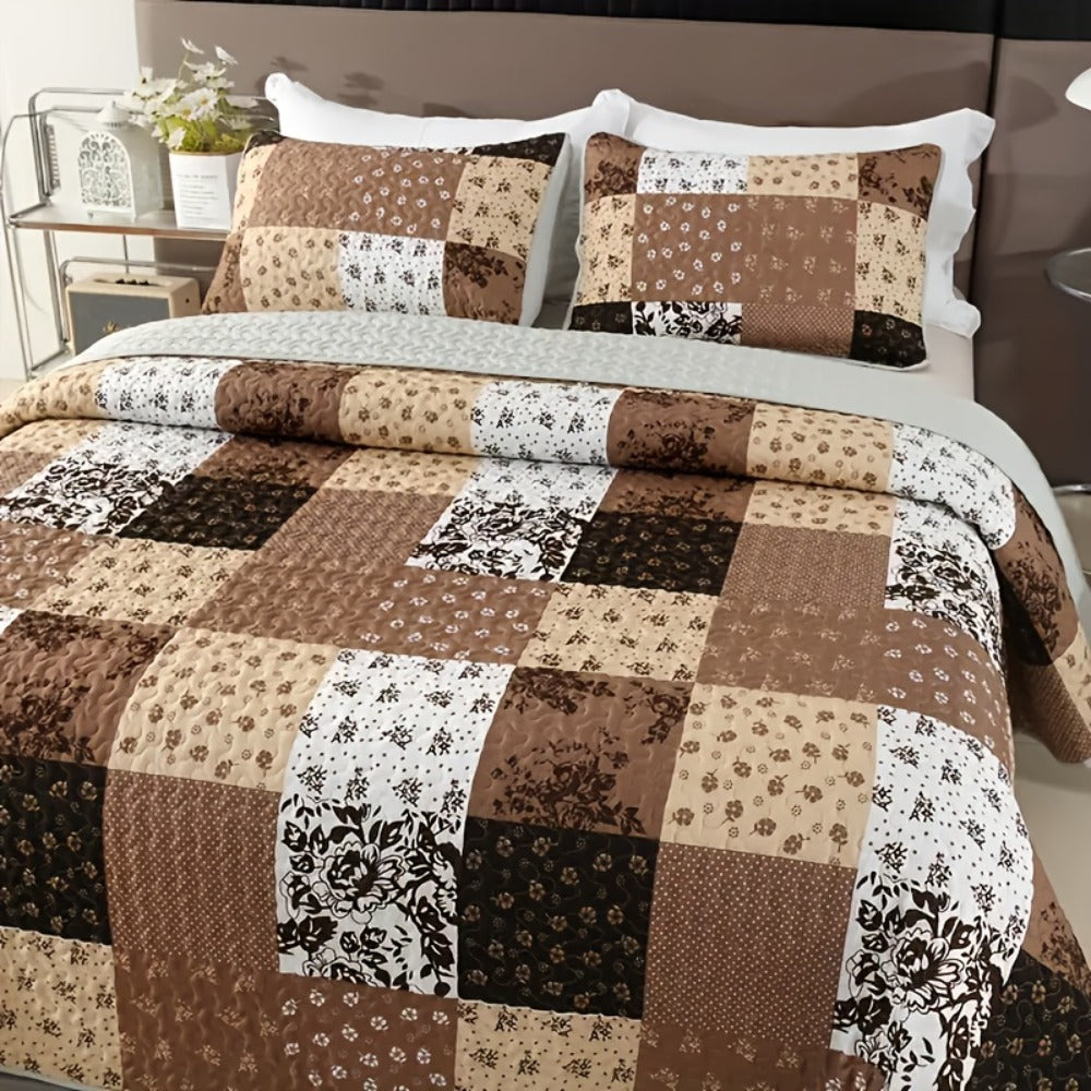 Patchwork Quilted Bedspread Set 3 Piece - 1 Quilt & 2 Pillow Shams Machine Washable All-Season Soft Breathable 100% Polyester Bedding Set for Bedroom Dorm, Twin Full Queen King