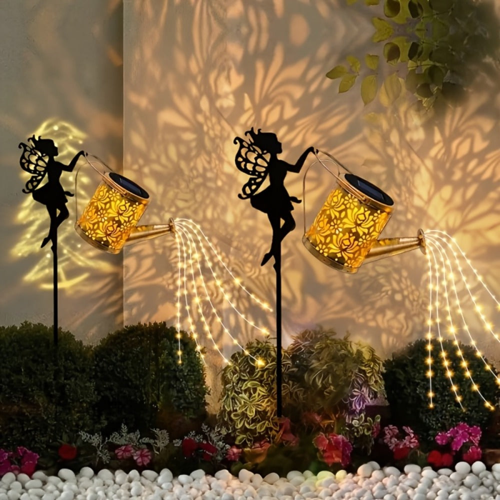 Solar Watering Can Lights 2pcs Garden Waterfall, IP65 Waterproof Hanging Solar String Lights with Ground Plug for Outdoor Lawn, Patio & Holiday Decor, Christmas Garden Gift