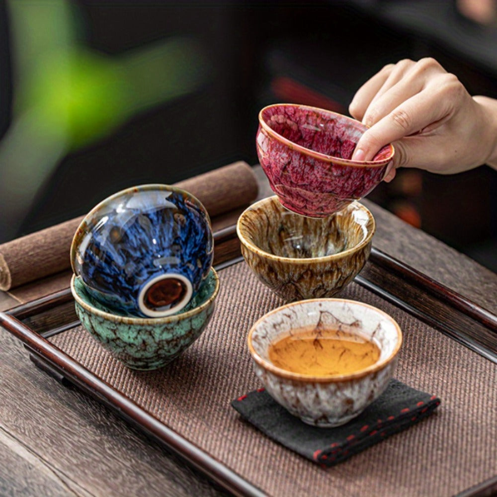 Jianzhan Ceramic Tea Cups Set of 5 ¨C Handmade Kiln-Changed Glazed Kung Fu Teacups, Traditional Chinese Porcelain, Unique Gift for Home Office Business