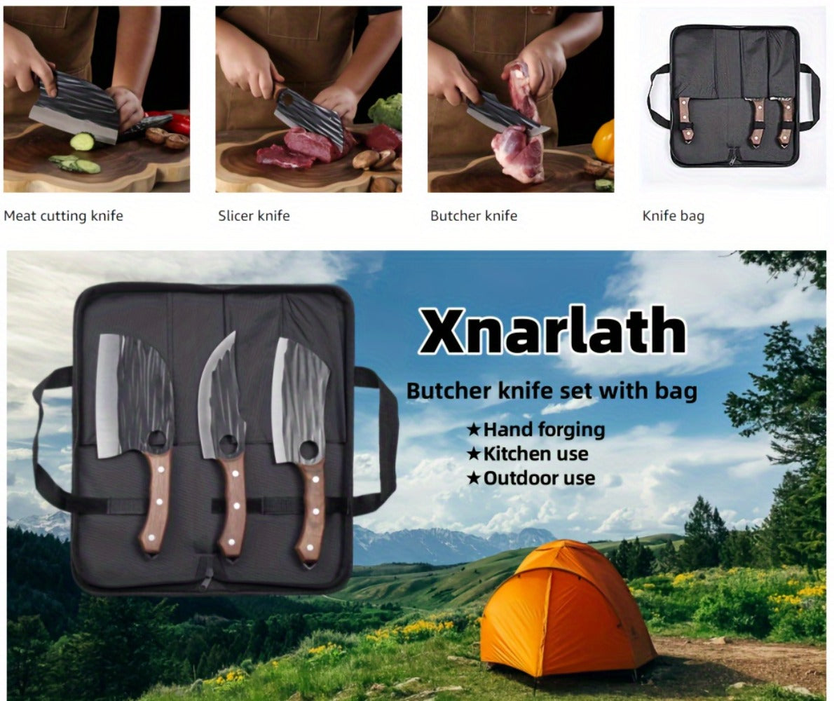 Viking Hand-Forged Butcher Knife Set ¨C High Carbon Steel Meat Cleaver, Boning & Carving Knife, Vegetable Knife for BBQ & Camping, with Carrying Case
