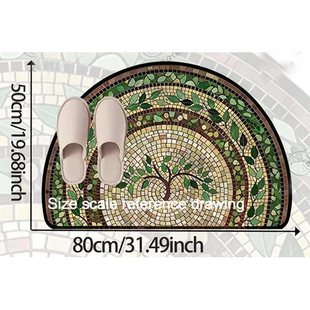 Welcome Mat Half Round Door Mat Ethnic Style Retro Stone Leaf Print Washable Indoor Outdoor Rug 32x20 Inch Non-Slip Entryway Mat for Front Door Kitchen Patio Courtyard Holiday Home Decor