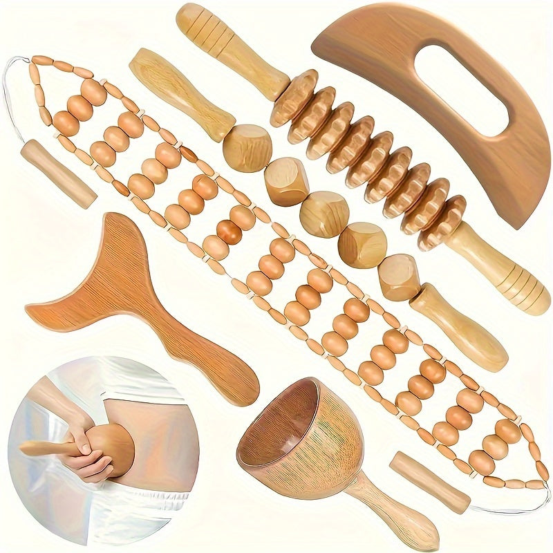 Wooden Massage Tool Set 6pcs Manual Facial Massager Kit with Wood Rollers Pointed Bead Textured Heads for Face Neck Full Body Relaxation Stress Relief Wellness Spa Gift for Women Men