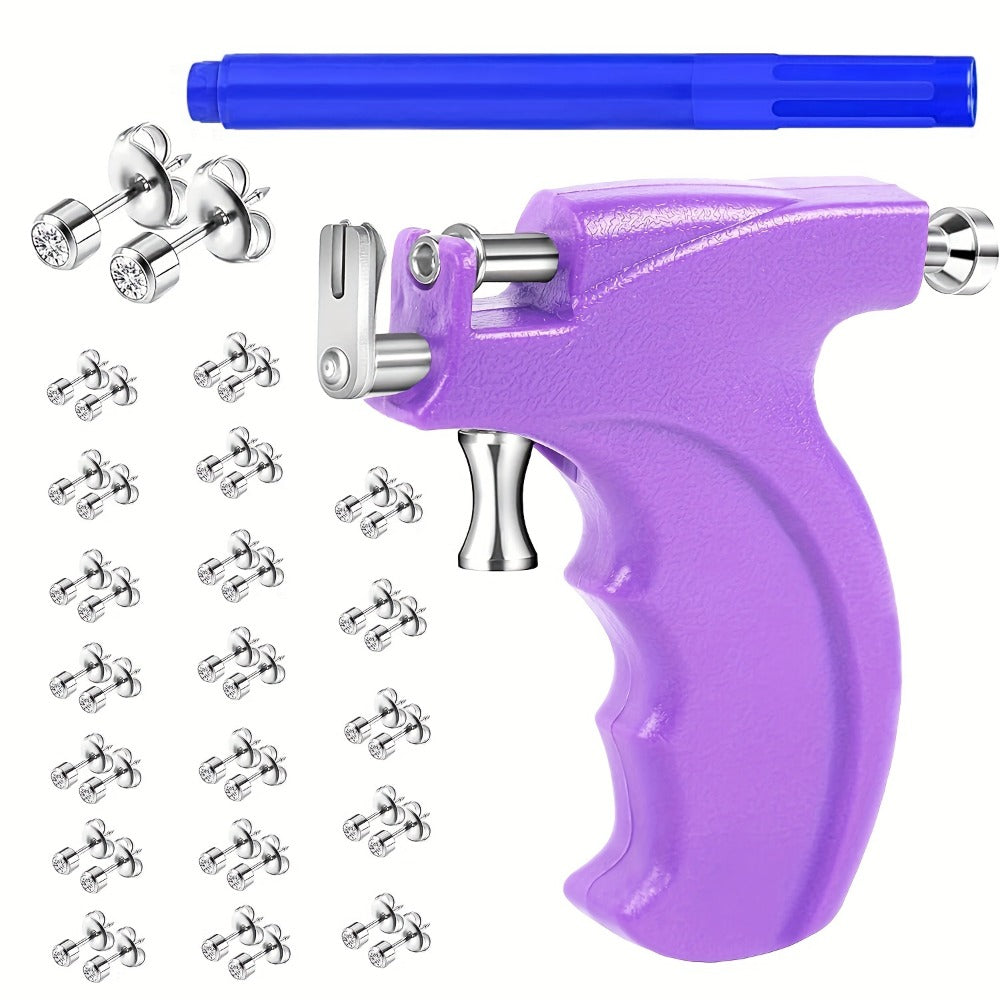 Ear Piercing Gun Kit with 24pcs Stainless Steel Studs ¨C Professional Self Piercing Tool for Ear & Nose with Marking Pen, Safe & Easy to Use for Home & Salon
