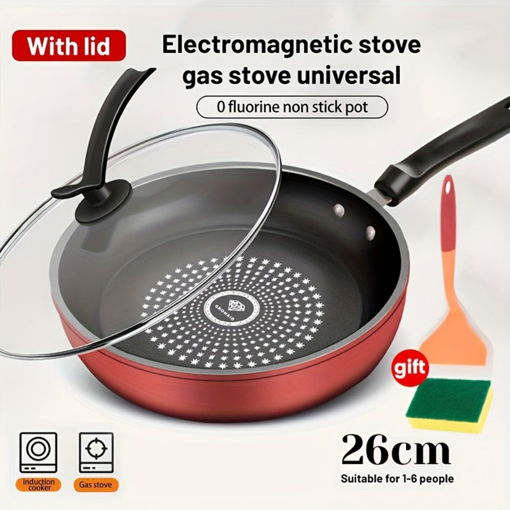 Nonstick Frying Pan with Lid 9.45 10.24 11.02 Inch Cast Iron Style Flat Bottom Skillet Stainless Steel Handle Smoke-Free Lightweight Cookware for All Stovetops Fried Eggs Steak Pancakes