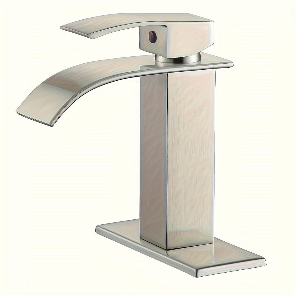 Waterfall Bathroom Sink Faucet, Single Hole or 3-Hole Mixer Tap with 6¡± Deck Plate, Ceramic Valve, Vanity Faucet for Farmhouse RV Bathroom, Brushed Gold Matte Black Nickel Chrome