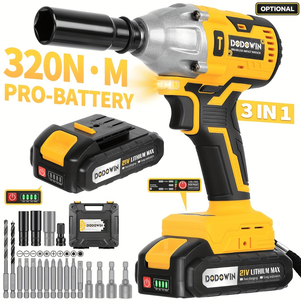 High Torque Impact Wrench Kit 320NM / 1000NM Brushless Cordless ¨C 21V with 2.0AH / 4.0AH Batteries, Quick Charger, 6 Sockets & Full Accessories, Electric Impact Gun for Car Repair, Auto Mechanic & Home Use