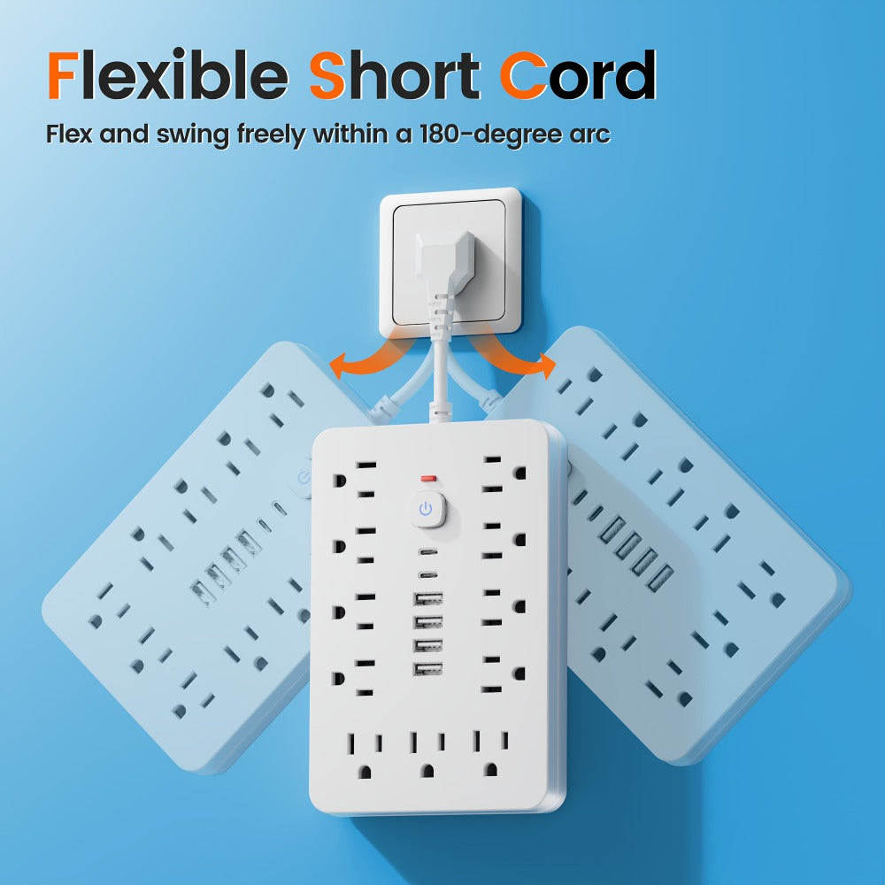Extension Cord Power Strip with USB Ports 11 AC Outlets 4 USB-A 2 USB-C Surge Protector Overload Protection Short Cord 5FT 10FT for Home Office Study School Desk Charging Station White Black