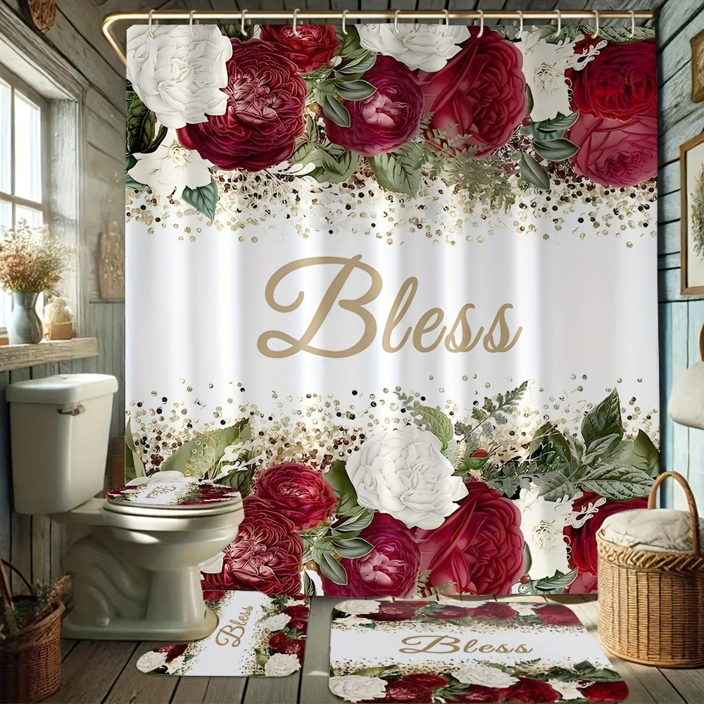 Rose Print Shower Curtain 4-Piece Bathroom Set ¨C Toilet Lid Cover Mat Machine Washable with 12 Hooks Elegant Floral Decor