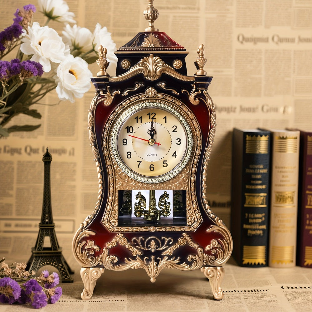 Vintage Desktop Alarm Clock with 12 Melodies European Style Decorative Table Clock for Living Room Bedroom Study Office Retro Burgundy Tabletop Clock 14 Inch