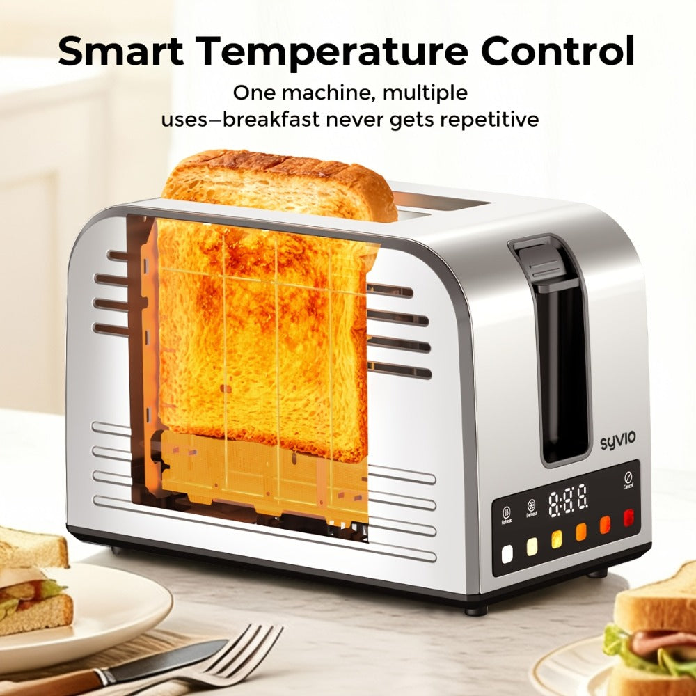 Toaster 2-Slice Stainless Steel Smart Touchscreen ¨C 5 Bread Types, 6 Browning Levels, Wide Slots, Temperature Control, Removable Crumb Tray, Compact Kitchen Toaster