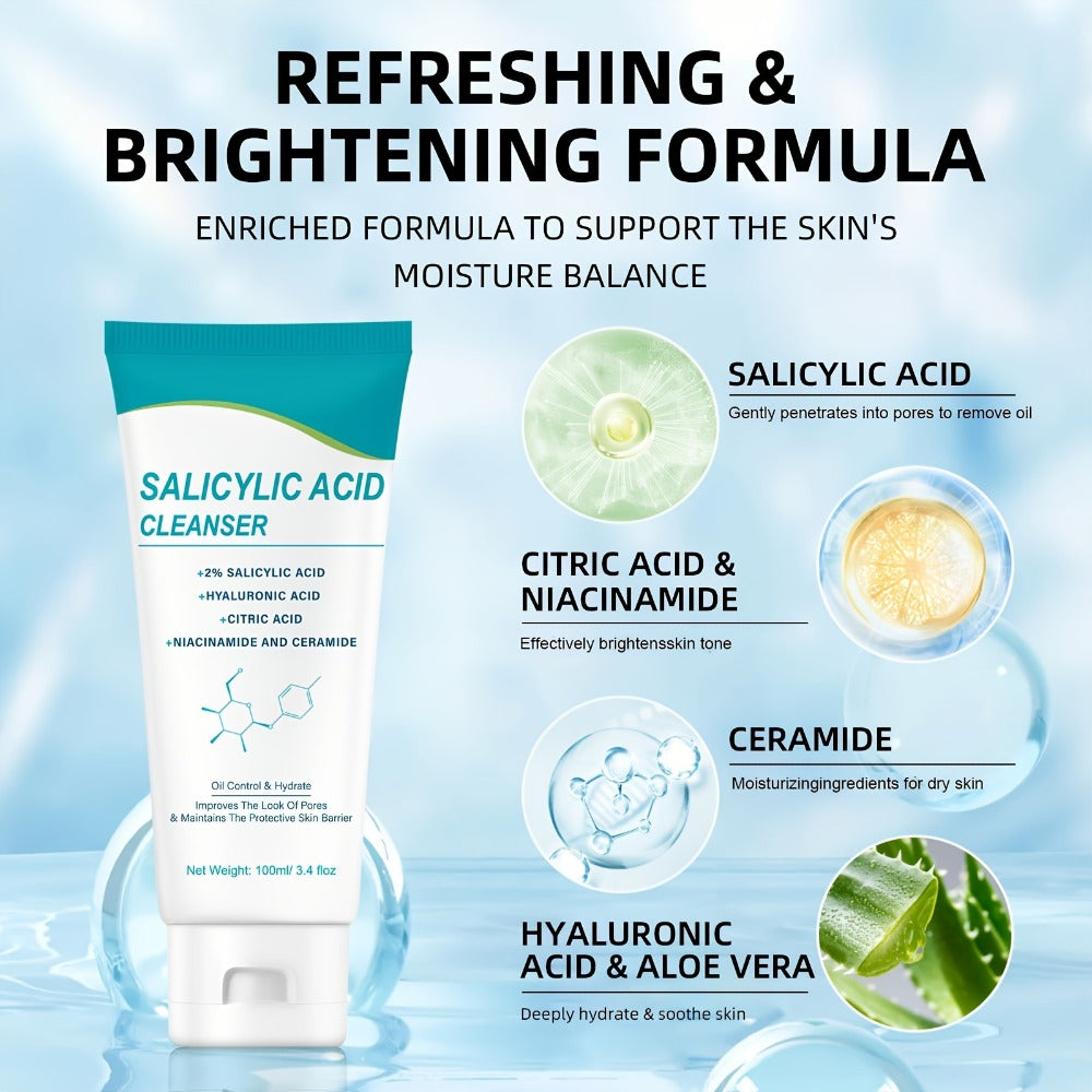 Salicylic Acid Facial Cleanser Gel ¨C Deep Cleansing & Moisturizing with Hyaluronic Acid, Non-Comedogenic, Paraben-Free, Fresh Scent, for All Skin Types, Men & Women, Daily Face Wash