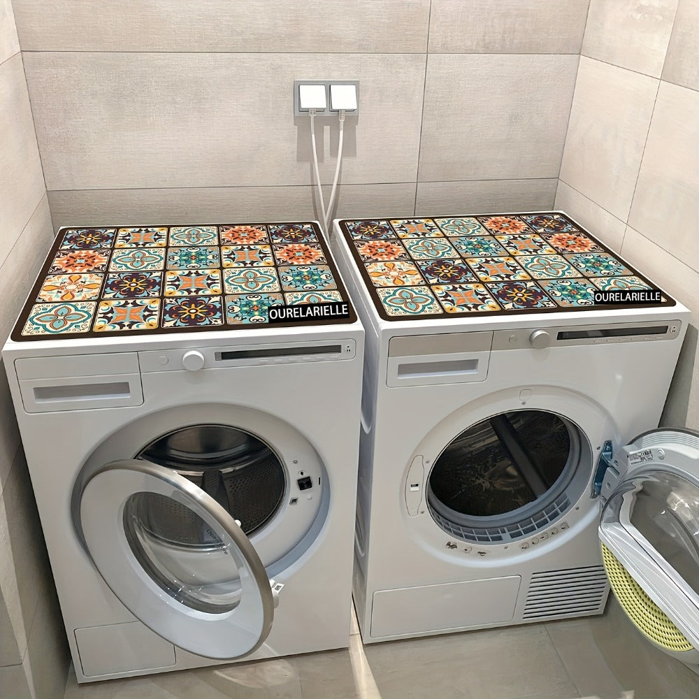 Washing Machine Cover Silicone Waterproof Decorative Plaid, 23.62x19.69 Inch Kitchen Laundry Room Top Load Washer Protector, Food-Grade Vintage Mosaic Multicolor Design Home Organization Appliance Cover