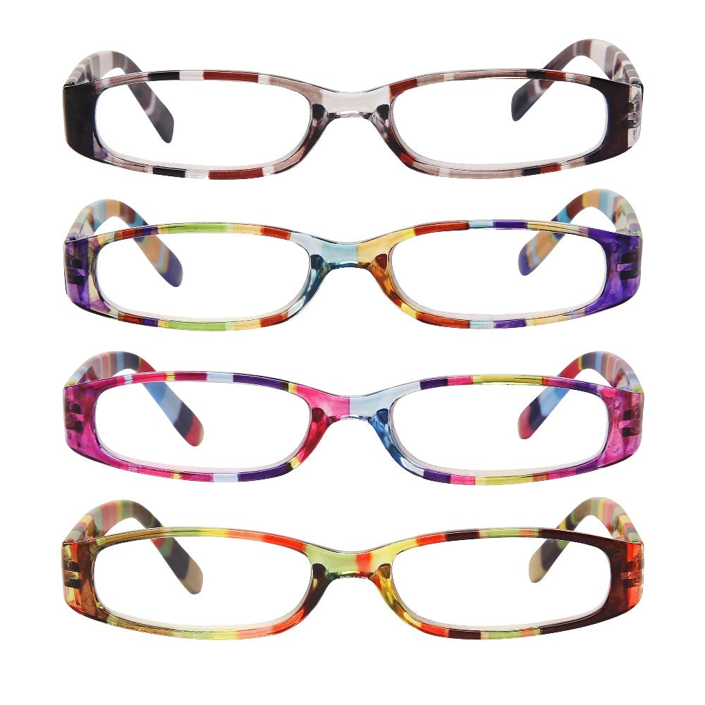 Reading Glasses 4-Pack Retro Rectangle Spring Hinge Multi-Strength for Men and Women ¨C 1.0x to 4.0x Magnification Colorful Printed Frames Eyeglasses Set