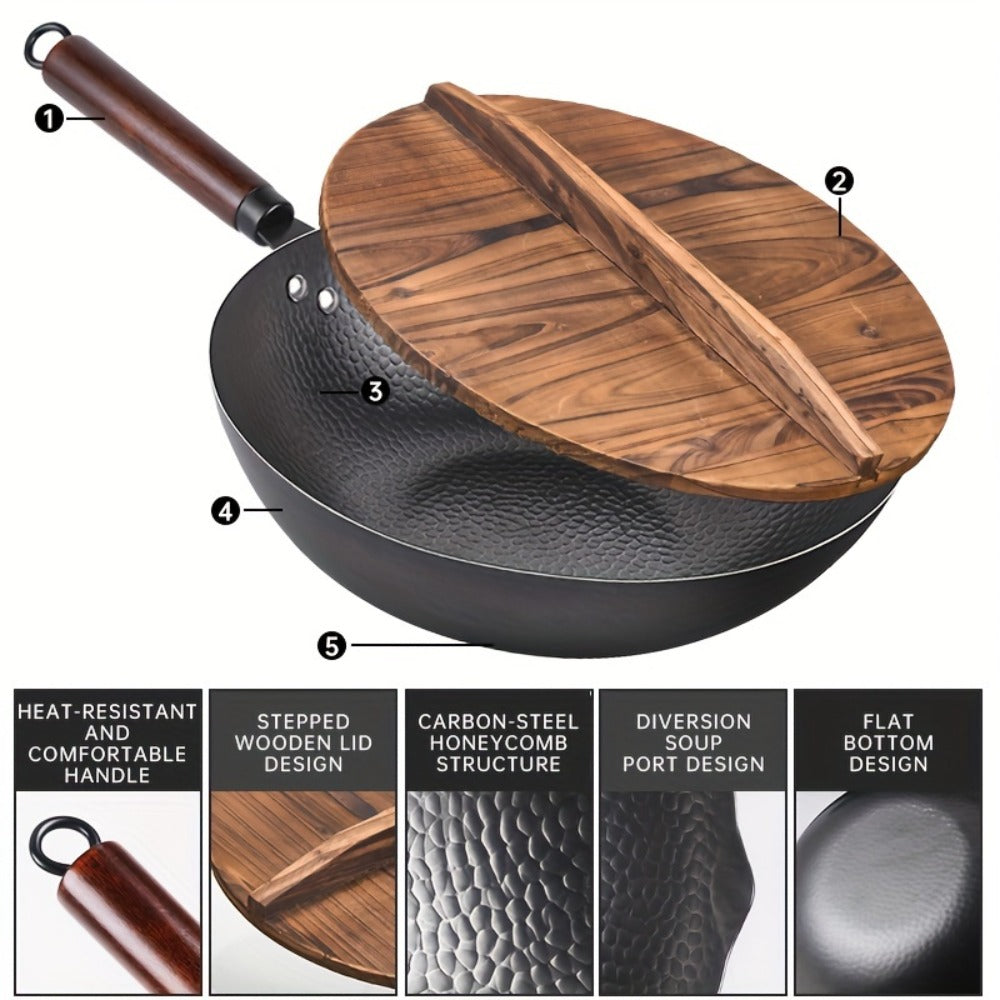 Carbon Steel Wok Pan 12.6 Inch with Lid & 10 Accessories ¨C Uncoated Chinese Stir Fry Wok, Flat Bottom for Electric Induction Gas Stoves, 11-Piece Cookware Set