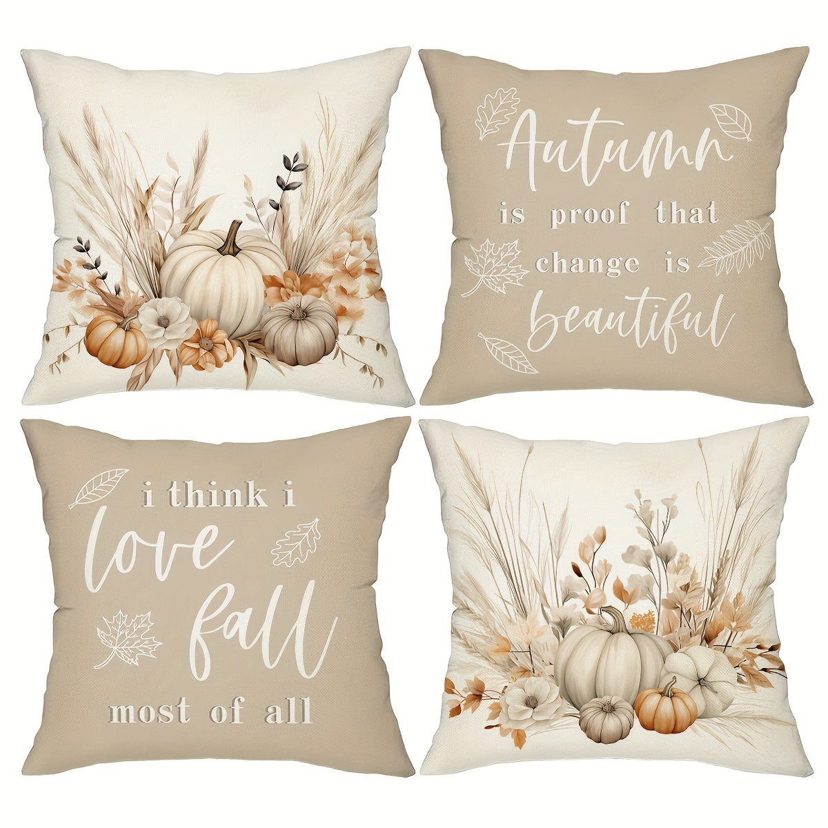 Throw Pillow Covers 18x18 Set of 4 Boho Wildflowers Fall Autumn Pumpkin Harvest Farmhouse Rustic Cushion Cases for Couch Sofa Living Room Porch Patio Outdoor Decor