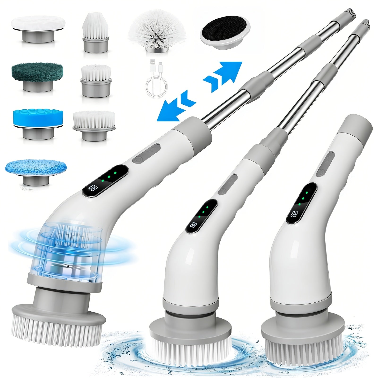 Electric Spin Scrubber with 7 Brush Heads & Adjustable Handle ¨C Dual-Speed Cordless Power Scrubber for Bathroom, Tub, Tile, Floor & Shower Cleaning