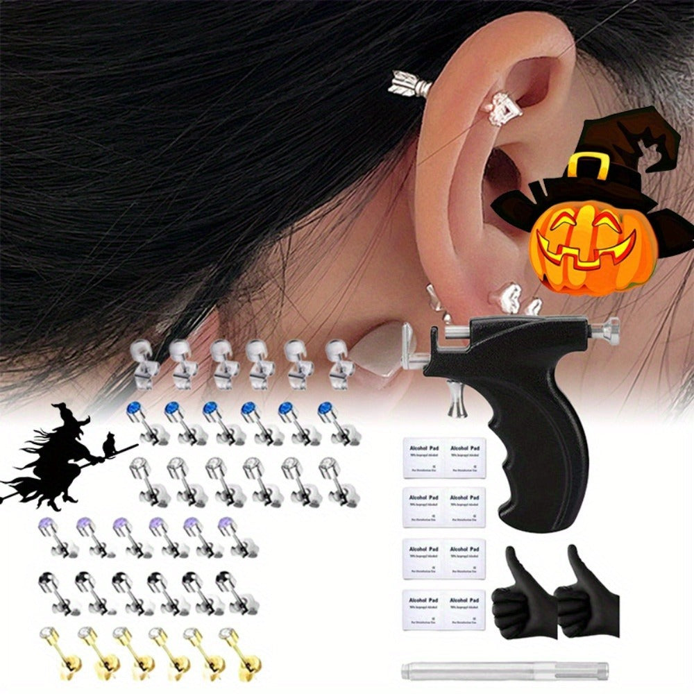 Professional Ear Piercing Kit - 36pcs CZ Diamond & Stainless Steel Stud Earrings with Reusable Piercing Gun, Alcohol Pads, Gloves & Marking Pen for Home and Salon Use