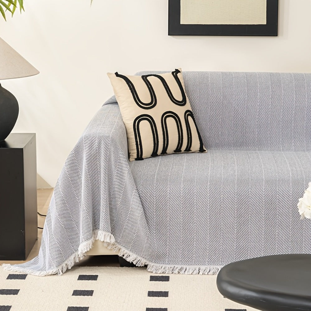 Herringbone Sofa Throw Cover with Tassels Jacquard Woven Solid Color Washable Polyester Sofa Blanket Slipcover for 3 4 Seater Couch Living Room - Grey Coffee Green Blue