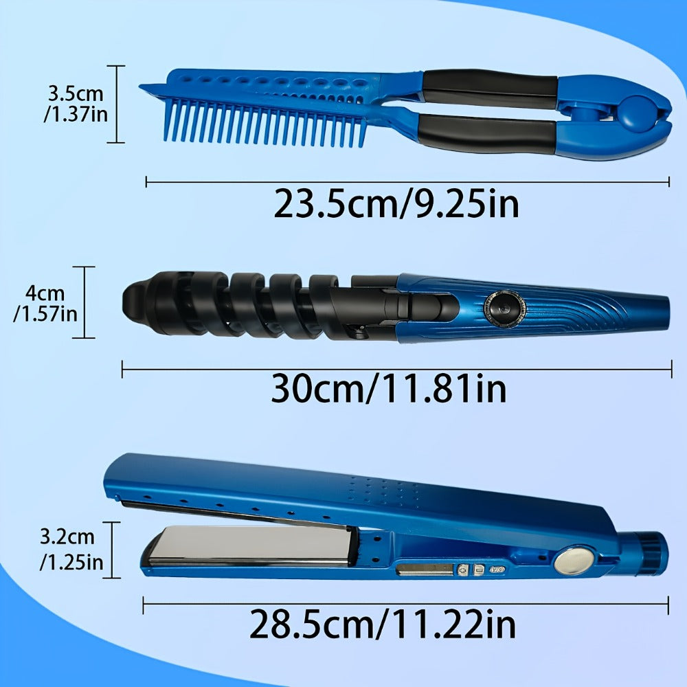 3-in-1 Hair Styling Set Flat Iron Curling Iron & Styling Comb, Anti-Scald Hair Straightener & Curler for Big Waves Straight Hair Curls, Professional Hair Tools Gift for Women, Mother's Day Birthday