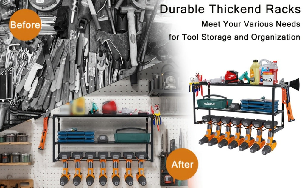 Wall Mount Power Tool Storage Rack, Heavy-Duty 150 Lb Steel 3-Tier & 4-Tier Garage Tool Organizer with 7 Bit Holders ¨C Workshop Shed Basement Wall Storage