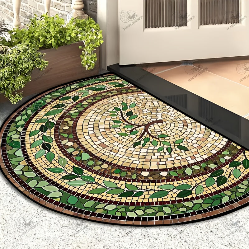 Welcome Mat Half Round Door Mat Ethnic Style Retro Stone Leaf Print Washable Indoor Outdoor Rug 32x20 Inch Non-Slip Entryway Mat for Front Door Kitchen Patio Courtyard Holiday Home Decor