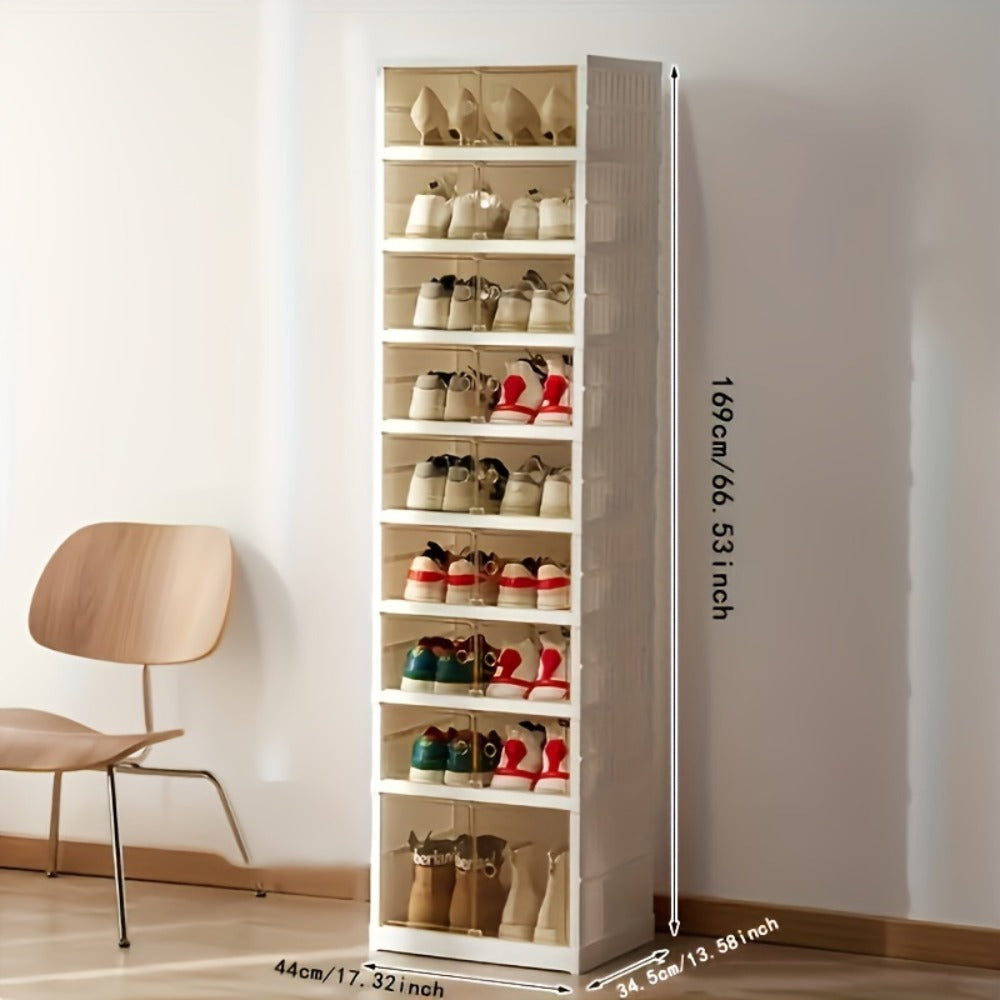 Shoe Rack Organizer 9-Tier, Collapsible Clear Plastic Foldable Stackable Shoe Cabinet with Shelves & Doors ¡ª No Assembly, Space-Saving Narrow Storage for Hallway, Apartment & Small Spaces