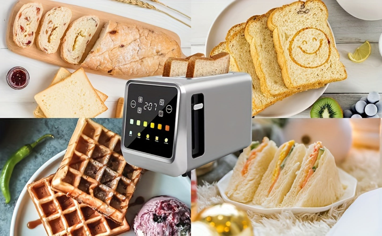 Digital Touch Screen Toaster 2 Slice Stainless Steel with 5 Bread Functions 7 Shade Settings Bagel Defrost Reheat Cancel Removable Crumb Tray LED Display Kitchen Toaster