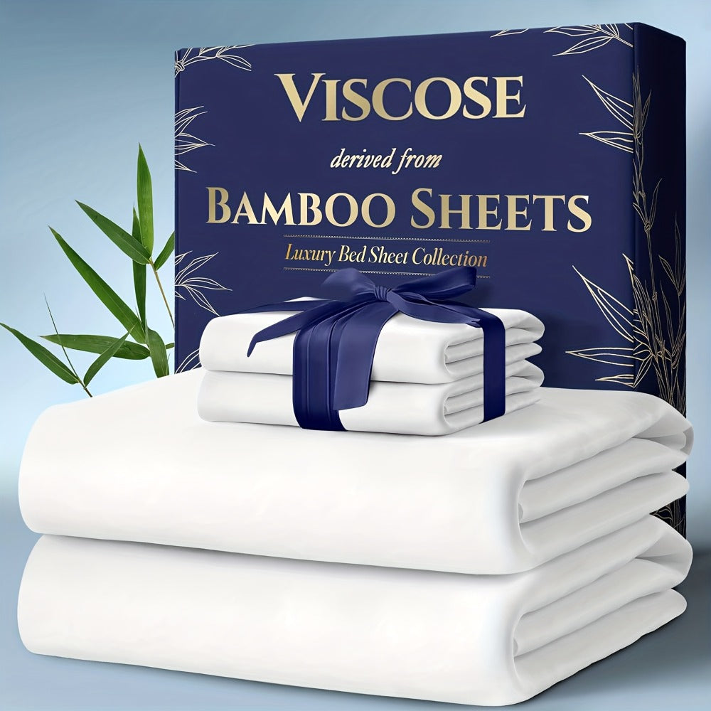 Bamboo Cooling Bedding Set 4pcs - Deep Pocket Fitted Sheet, Flat Sheet & Pillowcases for Hot Sleepers, Breathable Soft Viscose Sheets Twin Full Queen King
