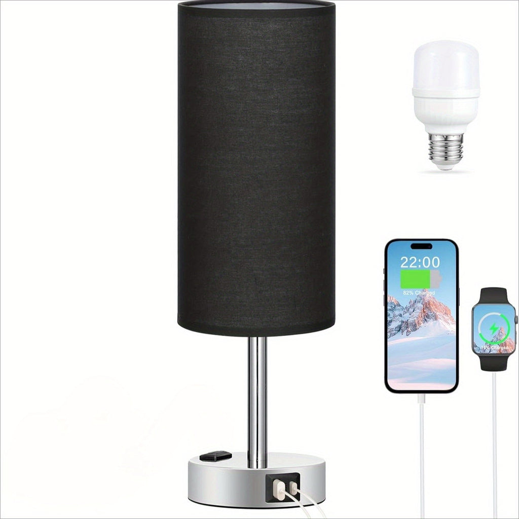 Dimmable Table Lamp with USB Charging Ports & AC Outlet - 3-Way Touch Control Bedside Nightstand Lamp, 6W LED Bulb Included, Wood & Metal Base, Modern Desk Light for Bedroom, Living Room & Office (1 or 2 Pack)