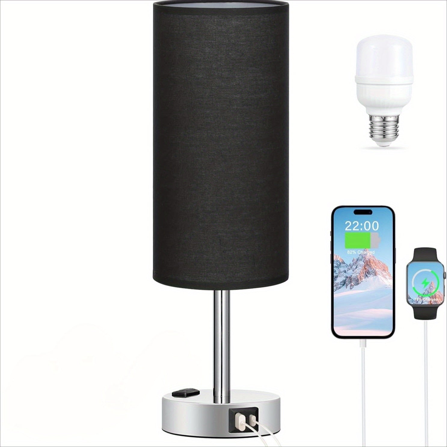 Dimmable Table Lamp with USB Charging Ports & AC Outlet - 3-Way Touch Control Bedside Nightstand Lamp, 6W LED Bulb Included, Wood & Metal Base, Modern Desk Light for Bedroom, Living Room & Office (1 or 2 Pack)