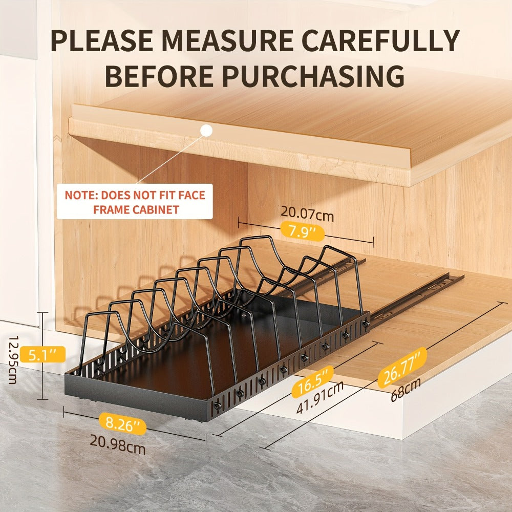 Pull Out Pot and Pan Organizer for Cabinet - Sliding Lid Rack with 8 Adjustable Dividers for Kitchen Cabinet Storage, Drill-Free Installation Pan Holder for Lids Baking Sheets and Cookware, Available in 1 or 2 Pack in Black or White