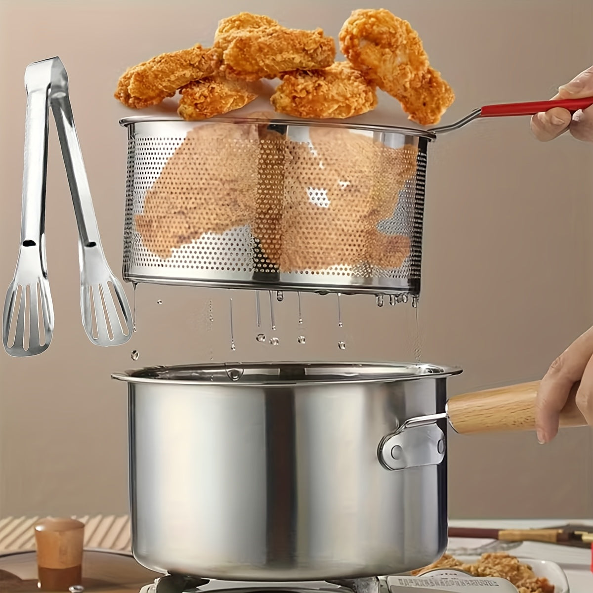 Deep Fryer Set 4 Piece Stainless Steel Multi-Purpose Cookware with Non-Stick Pot, Frying Rack, Glass Lid & Tongs - Stovetop Deep Fryer for Noodles, Frying & Boiling, Kitchen Essential Cooking Set