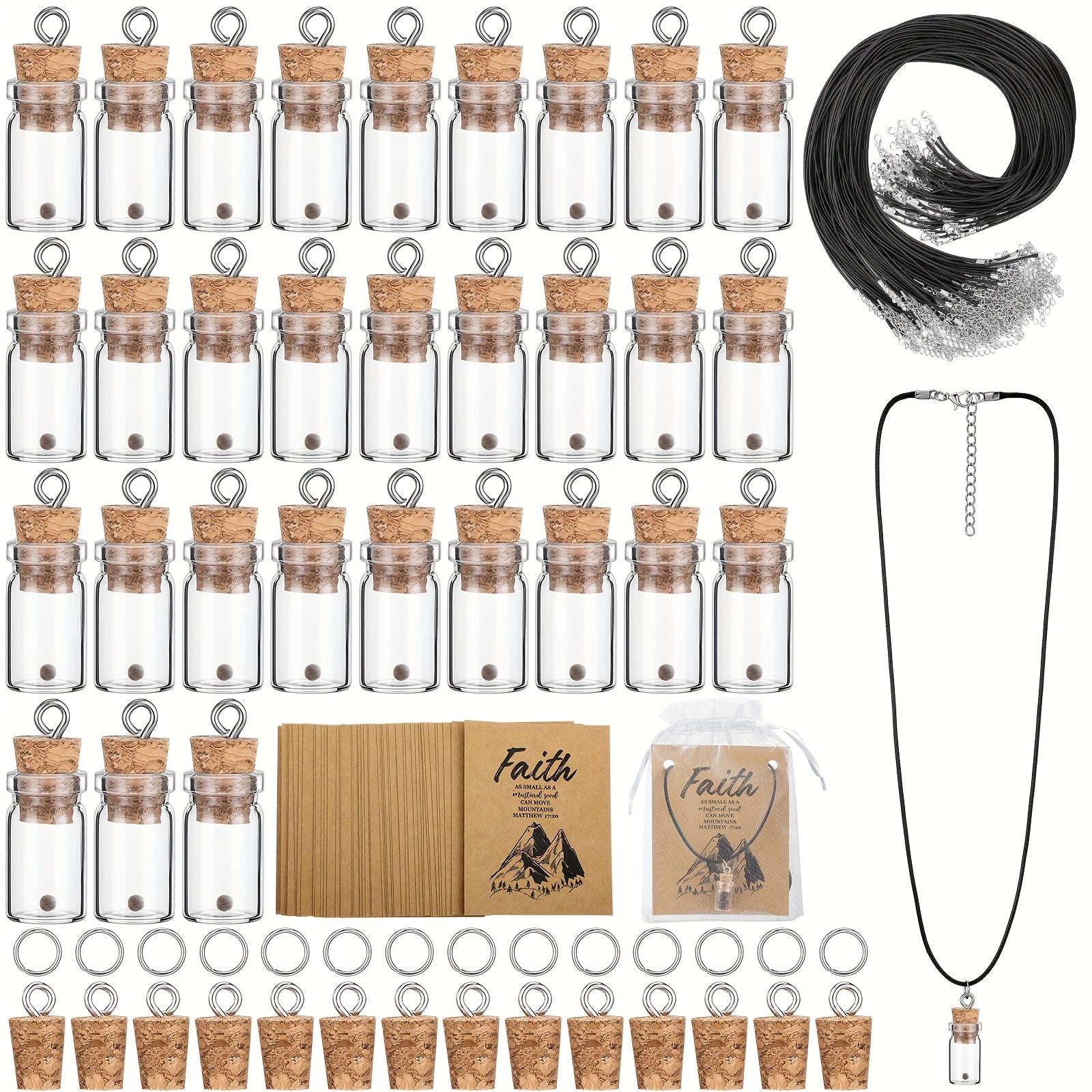 Mustard Seed Faith Necklace Kit 50 Sets - DIY Mini Glass Jar Craft Necklace with Christian Faith Cards, Inspirational Gifts for Women