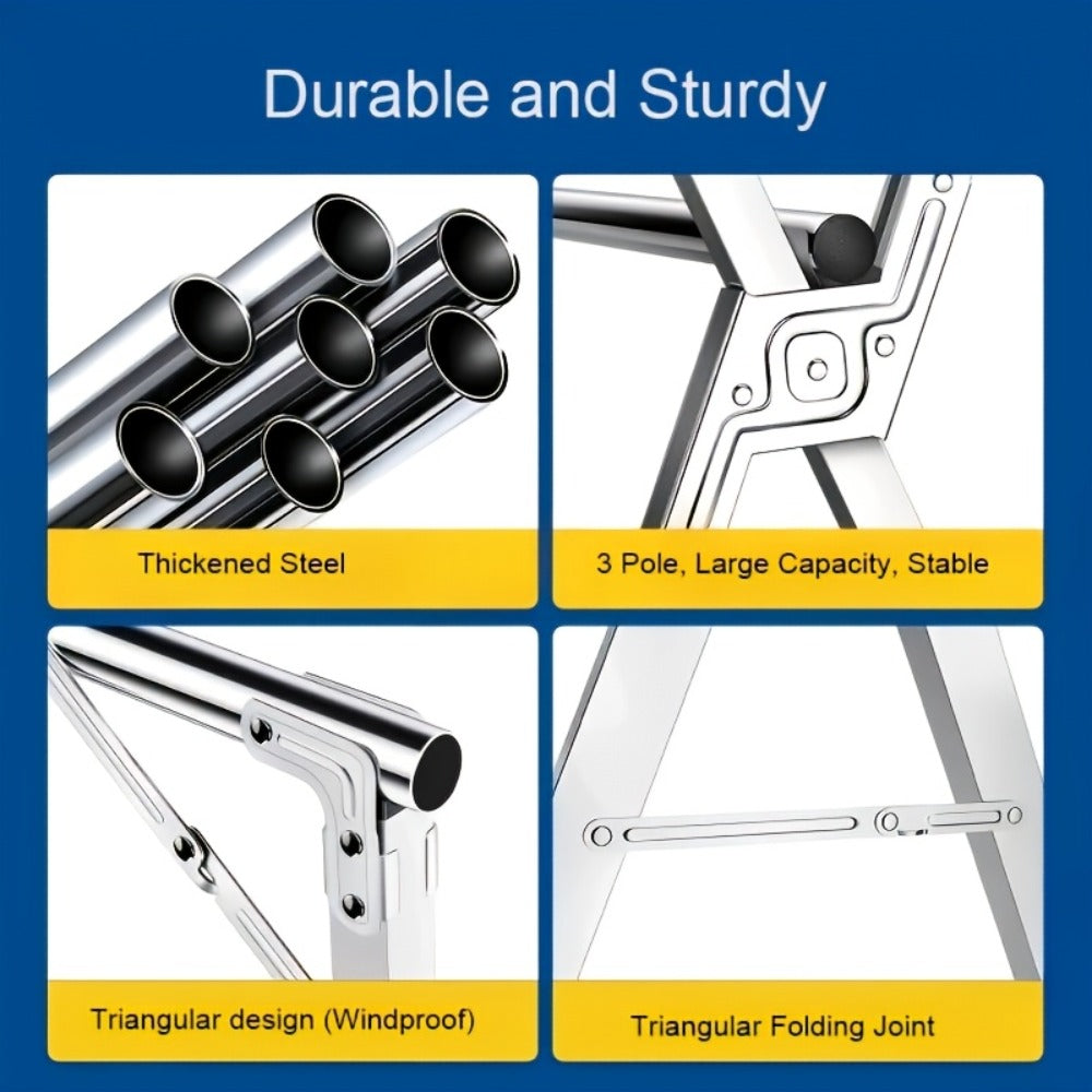 Foldable Clothes Drying Rack 3-Bar ¨C Heavy Duty Stainless Steel Collapsible Laundry Rack, Retractable 63¡± or 79¡± for Indoor & Outdoor Use ¨C Freestanding Portable Clothesline Drying Rack