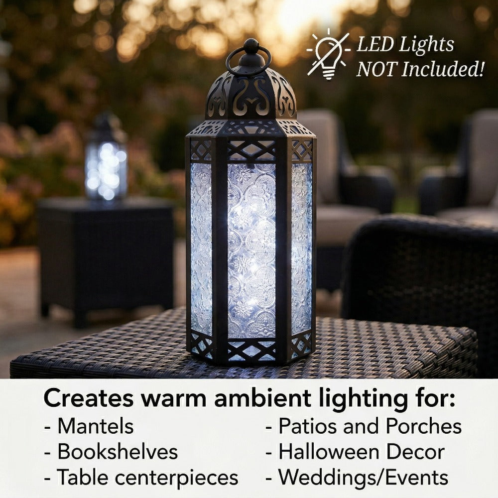 Moroccan Candle Lantern Holder - Decorative Metal & Glass Lantern with Embossed Floral Design for Indoor Home Decor, Garden, Patio, Weddings, Ramadan, Halloween & Holiday Celebrations - 10.5¡± Tall Medium Size