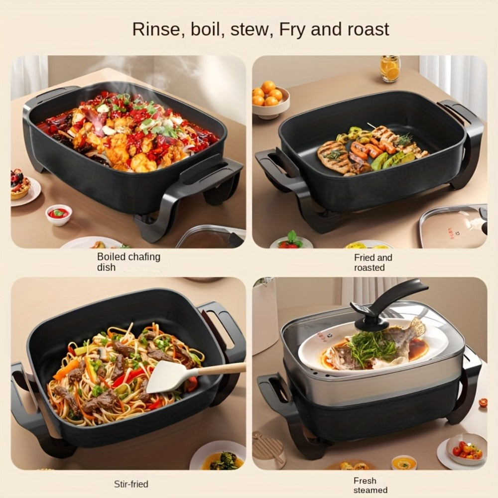 Electric Ceramic Non-Stick Pot 12x12 Inch 1500W Square Skillet with Glass Lid Adjustable Temperature Frying Baking Steaming Boiling Easy Clean Home Kitchen Cookware