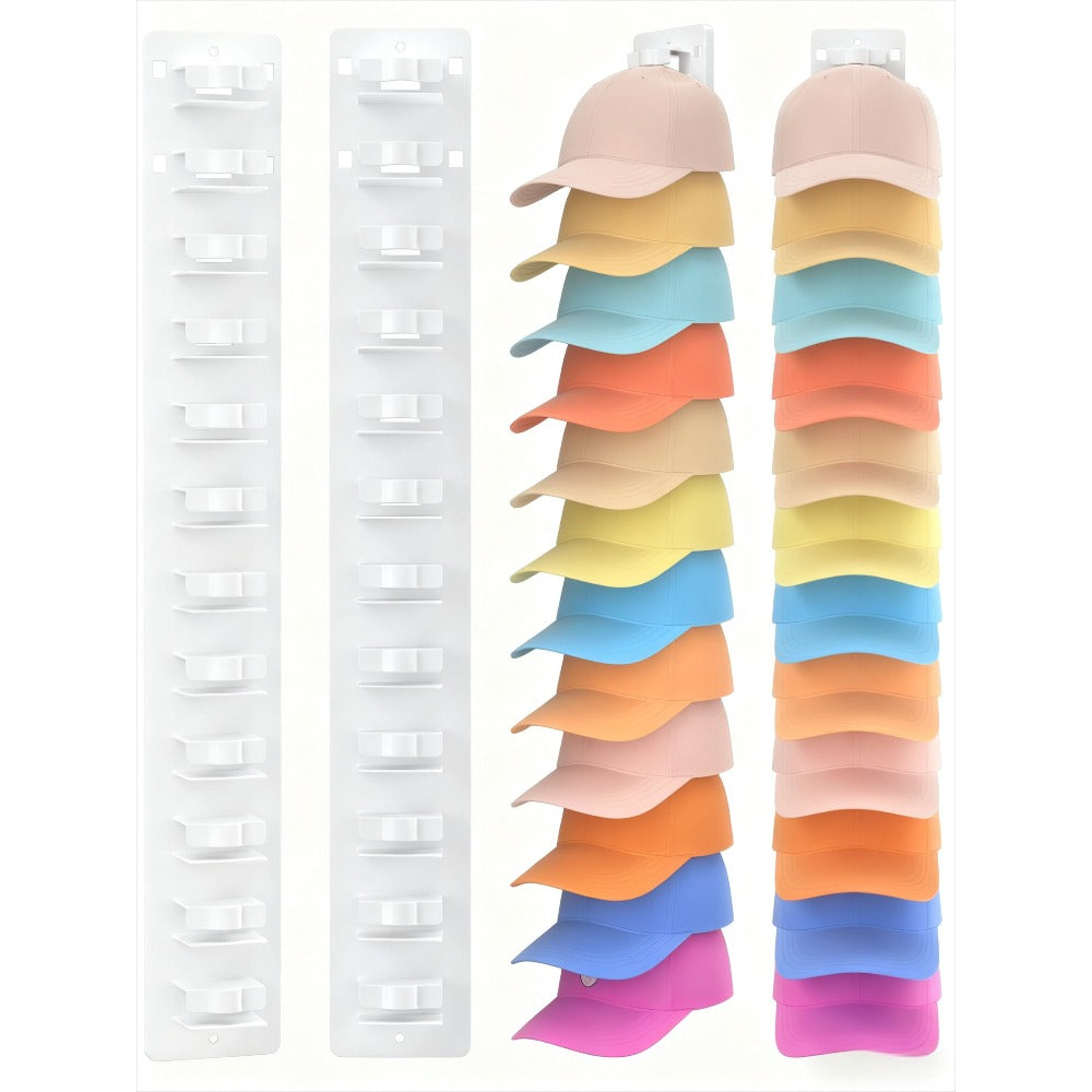 Hat Organizer Wall Mounted 2-Pack, 24-Cap Capacity Storage Hooks, Adhesive or Drill Install, Closet Entryway Bedroom Hat Rack, Durable Polypropylene, Space-Saving Vertical Display