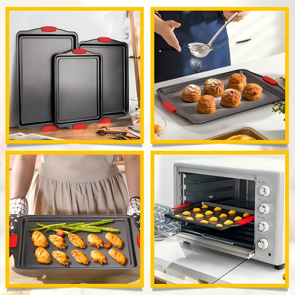 Nonstick Baking Pan Set of 3, Carbon Steel Baking Sheets with Red Silicone Handles, Double-Sided Non-Stick Coating, Oven & Toaster Safe, Professional Bakeware for Home & Commercial Kitchen Use