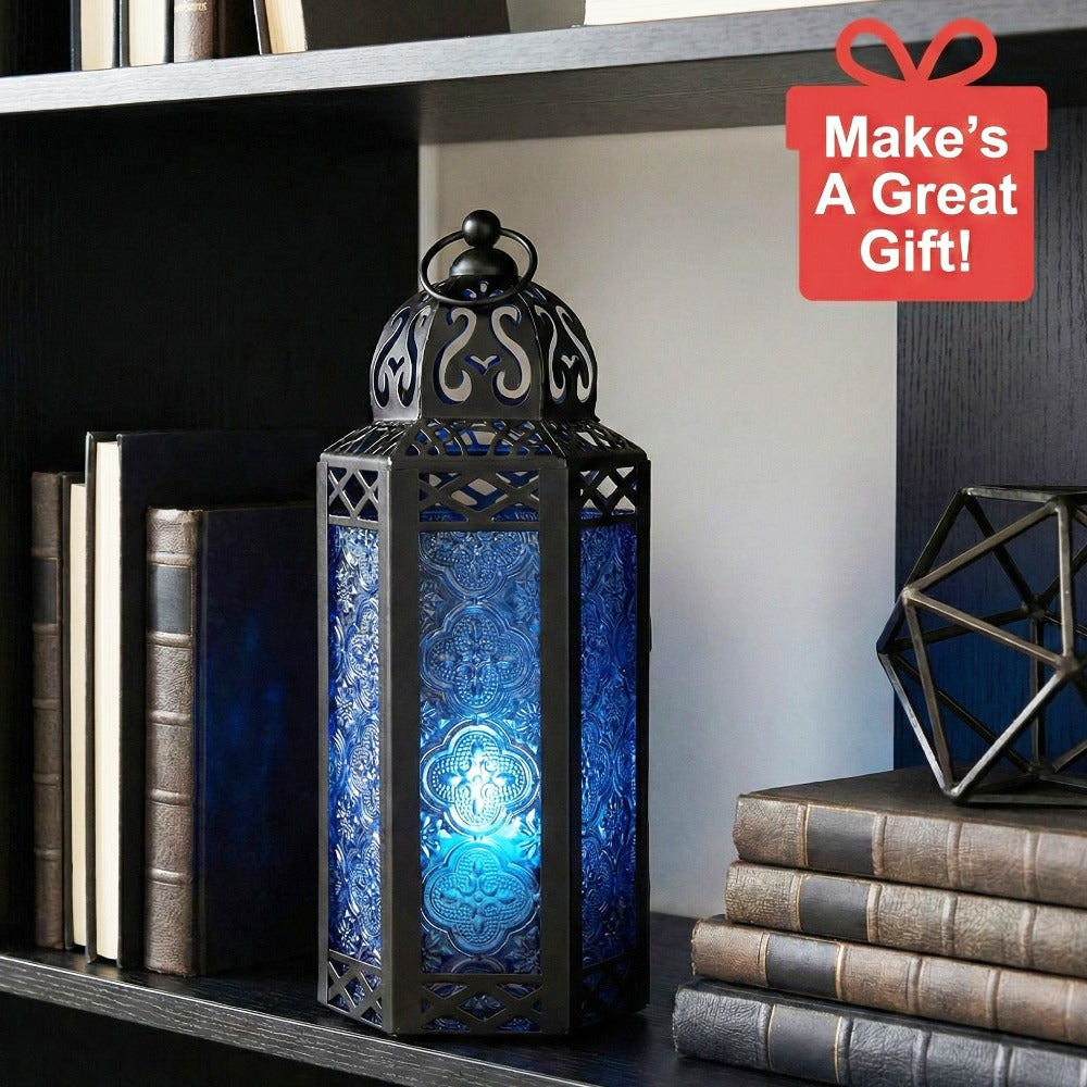 Moroccan Candle Lantern Holder - Decorative Metal & Glass Lantern with Embossed Floral Design for Indoor Home Decor, Garden, Patio, Weddings, Ramadan, Halloween & Holiday Celebrations - 10.5¡± Tall Medium Size