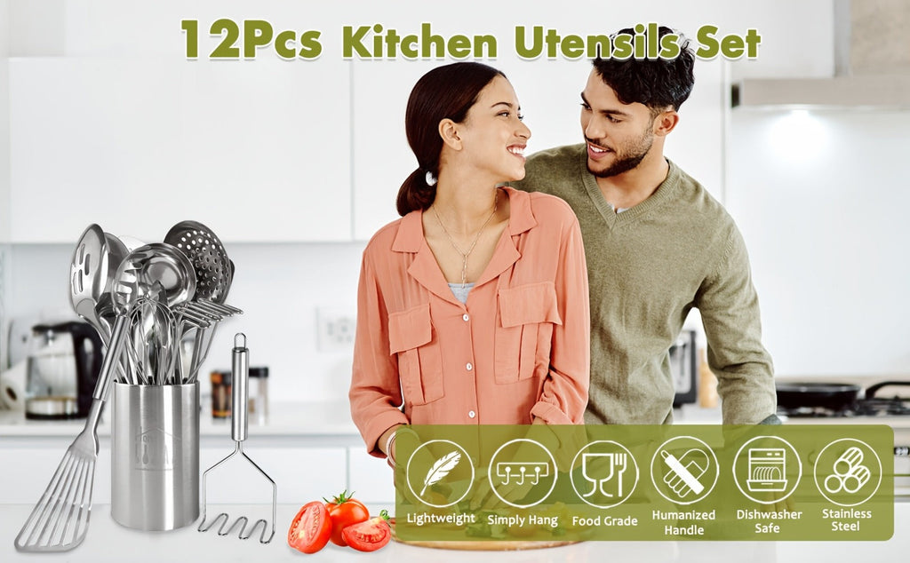 Stainless Steel Kitchen Utensils Set 12 Piece with Holder ¨C Heat Resistant Cooking Utensils, Spatula, Ladle, Tongs, Whisk, Skimmer, Potato Masher, Slotted Spoon