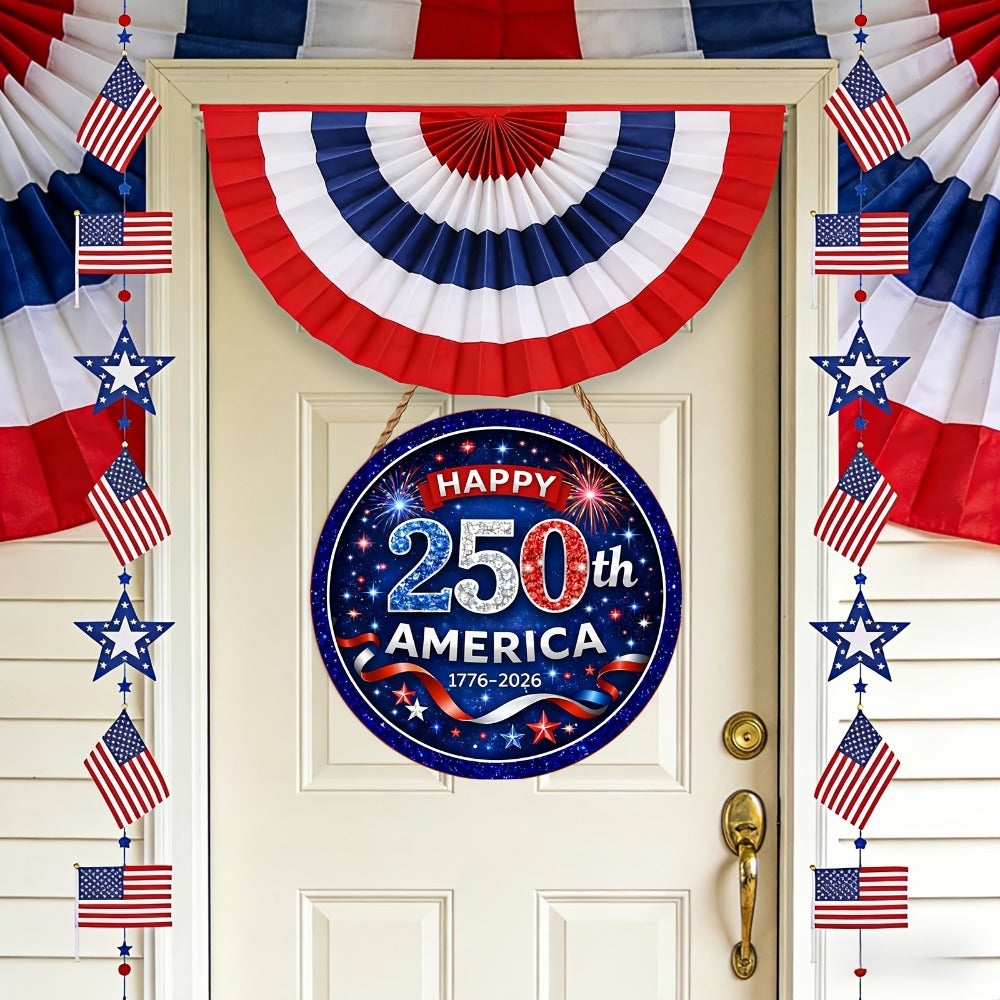 Patriotic Wooden Door Sign 250th Anniversary 1776-2026 Retro Round Wreath 4th of July Independence Day Hanging Decoration Home Porch Outdoor Wall Decor